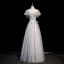 Chic / Belle Bleu Ciel Perlage Paillettes Robe De Bal 2022 Princesse Encolure Carrée Manches Courtes Dos Nu Noeud Ceinture Longue Promo Robe De Ceremonie