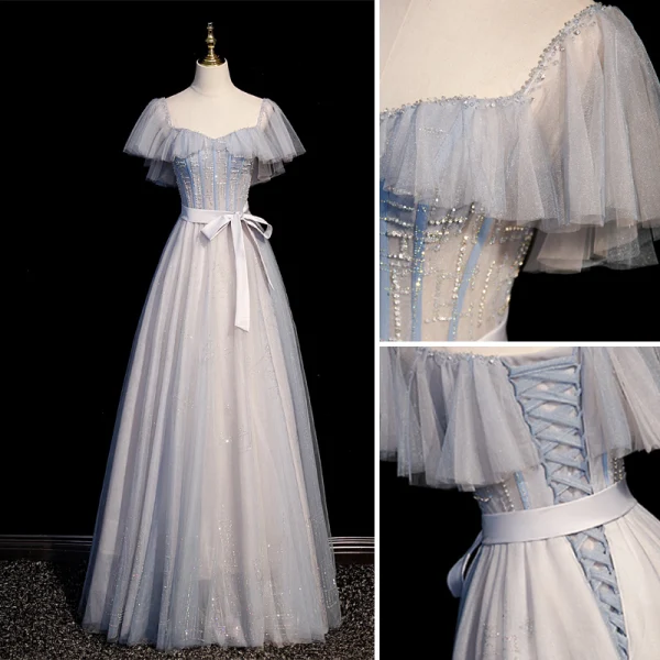 Chic / Belle Bleu Ciel Perlage Paillettes Robe De Bal 2022 Princesse Encolure Carrée Manches Courtes Dos Nu Noeud Ceinture Longue Promo Robe De Ceremonie