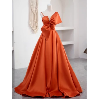 Fashion Orange Satin Prom Dresses 2023 A Line Princess Spaghetti Straps Bow Sleeveless Backless Floor Length Long Prom Formal Dresses