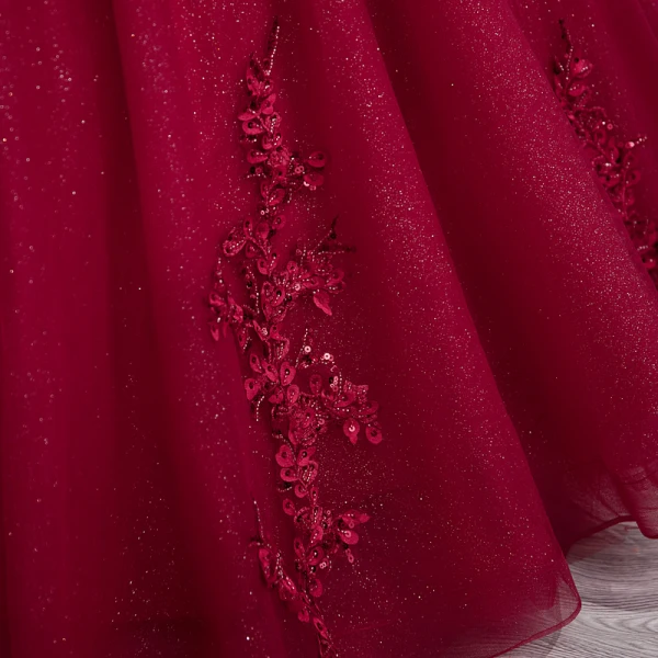 Elegant Burgundy Beading Sequins Lace Flower Prom Dresses 2022 Ball Gown Off-The-Shoulder Short Sleeve Backless Floor-Length / Long Prom Formal Dresses