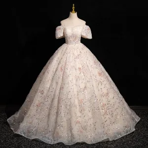 Bling Bling Rougissant Rose Paillettes Robe De Bal 2024 Robe Boule De L Épaule Manches Courtes Dos Nu Longue Promo Robe De Ceremonie