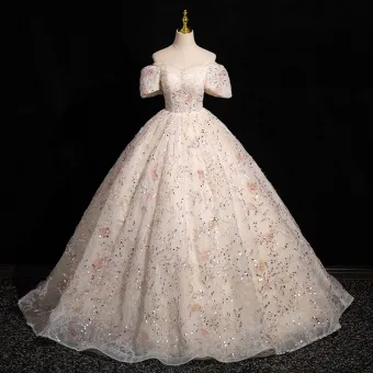 Bling Bling Blozen Roze Pailletten Galajurken 2024 Baljurk Uit De Schouder Korte Mouwen Ruglooze Lange Gala Gelegenheid Jurken