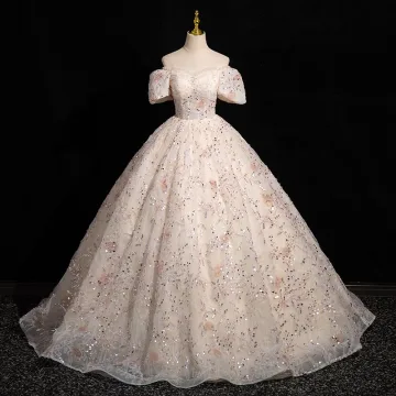 Bling Bling Blushing Pink Sequins Prom Dresses 2024 Ball Gown Off The Shoulder Short Sleeve Backless Floor Length Long Prom Formal Dresses
