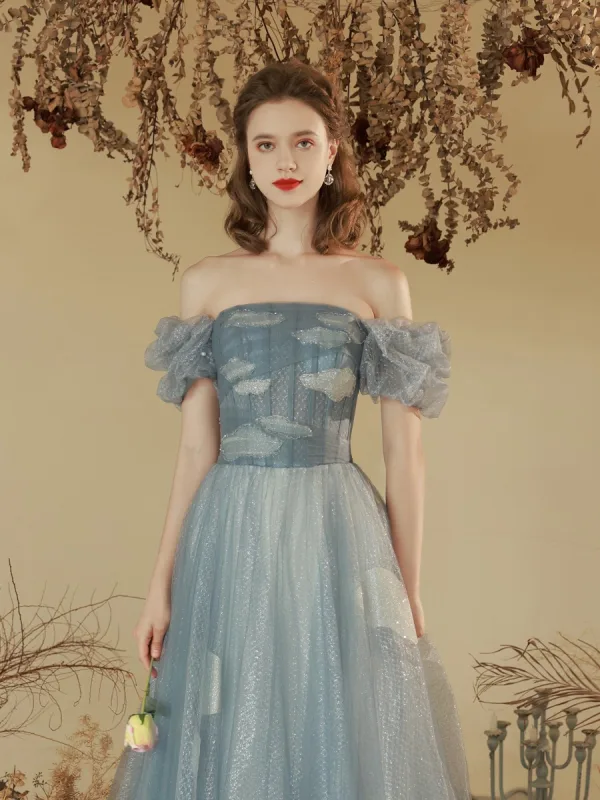 Chic / Beautiful Sky Blue Glitter Beading Sequins Pearl Prom Dresses 2023 A-Line / Princess Off-The-Shoulder Short Sleeve Backless Floor-Length / Long Prom Formal Dresses