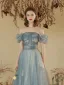 Chic / Beautiful Sky Blue Glitter Beading Sequins Pearl Prom Dresses 2023 A-Line / Princess Off-The-Shoulder Short Sleeve Backless Floor-Length / Long Prom Formal Dresses