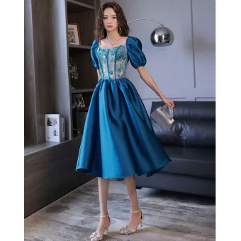 Chic Belle Océan Bleu De Retour Robe De Graduation 2022 Satin Princesse Encolure Carrée Manches Courtes Dos Nu Thé Longueur Robe De Ceremonie