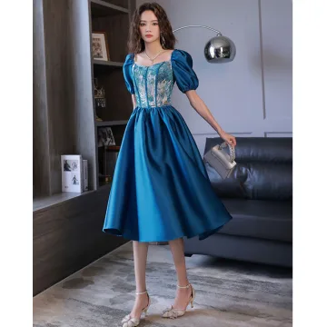 Fine Hav Blå Homecoming Graduation Kjoler 2022 Satin Prinsesse Firkantet Hals Korte Ermer Ryggløse Te Lengde Formelle Kjoler