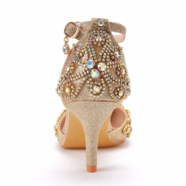 Scintillantes Doré Faux Diamant Paillettes Chaussure De Mariée 2023 Bride Cheville 7 cm Talons Aiguilles À Bout Pointu Mariage Talons Hauts