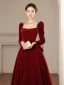 Elegant Burgundy Velour Winter Prom Dresses 2023 A-Line / Princess Square Neckline Pearl Long Sleeve Backless Bow Floor-Length / Long Prom Formal Dresses