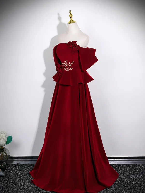 Vintage / Retro Burgundy Flower Velvet Mother Of The Bride Dresses 2026 A-Line / Princess Off-The-Shoulder Short Sleeve Backless Floor-Length / Long