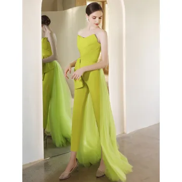 Unieke Lime Groen Avondjurken Jumpsuit 2022 A Lijn Strapless Mouwloos Ruglooze Lange Avond