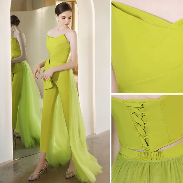 Amazing / Unique Lime Green Evening Dresses Jumpsuit 2022 A-Line / Princess Strapless Sleeveless Backless Floor-Length / Long Evening Party
