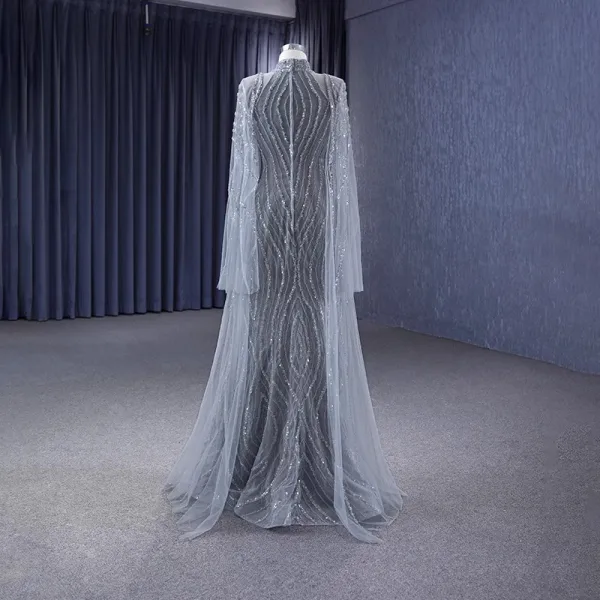 High-end Grey Handmade  Beading Sequins Evening Dresses 2023 Trumpet / Mermaid High Neck Long Sleeve Floor-Length / Long Evening Party Formal Dresses