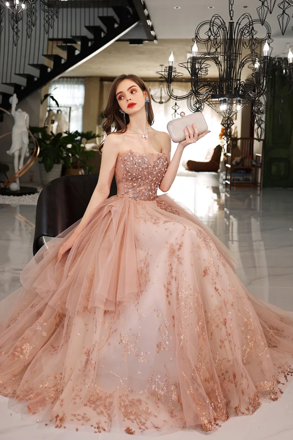 Chic / Belle Rougissant Rose Perlage Perle Paillettes Robe De Bal 2022 Princesse Bustier Sans Manches Dos Nu Longue Robe De Ceremonie