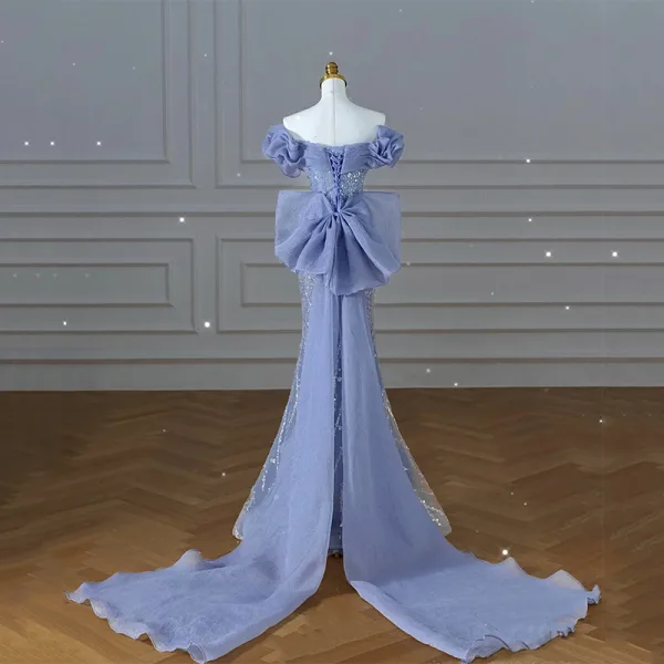 Mode Charmant Bleu Ciel Perlage Paillettes Robe De Soirée 2023 Trompette / Sirène De l'épaule Manches Courtes Dos Nu Noeud Train De Balayage Soirée Robe De Ceremonie
