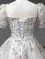 Elegant Grey Beading Pearl Sequins Prom Dresses 2023 Ball Gown Square Neckline Bow Sash Short Sleeve Backless Floor-Length / Long Prom Formal Dresses