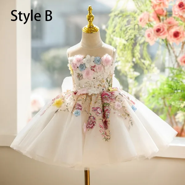 Chic / Beautiful White Beading Pearl Sequins Appliques Birthday Flower Girl Dresses 2025 Ball Gown Scoop Neck Sleeveless Backless Floor-Length / Long