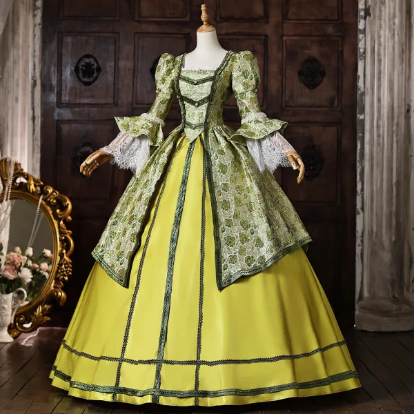 Vintage / Originale Médiévale Inhabituel Vert Cendré En Dentelle Fleur Impression Robe De Bal 2026 Robe Boule Encolure Carrée Manches de cloche Dos Nu Longue Robe De Ceremonie