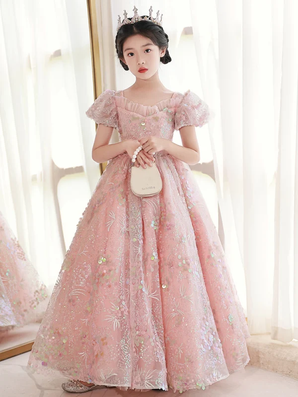Chic / Belle Rougissant Rose Anniversaire En Dentelle Paillettes Robe Ceremonie Fille 2022 Princesse Encolure Carrée Gonflée Manches Courtes Dos Nu Longue Robe Ceremonie Fille