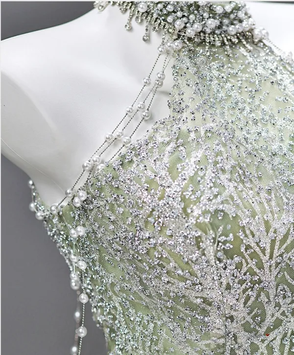 Sparkly Sexy Sage Green Beading Pearl Sequins Prom Dresses 2026 A-Line / Princess High Neck Sleeveless Backless Floor-Length / Long Formal Dresses