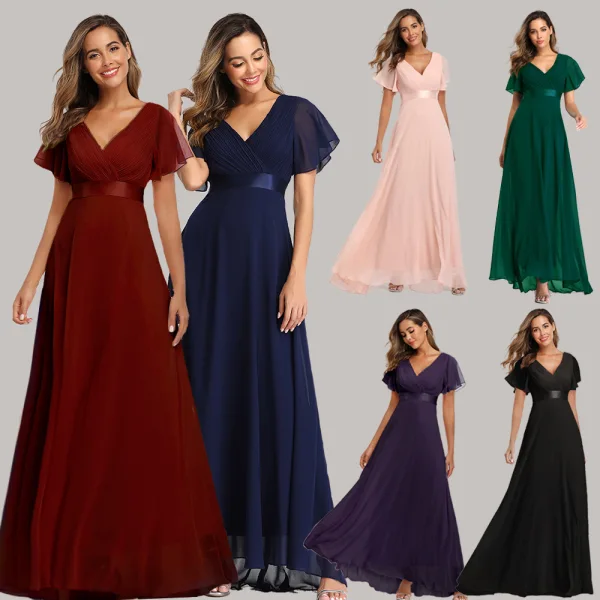 Modest / Simple Black Bridesmaid Dresses 2023 A-Line / Princess V-Neck Short Sleeve Backless Sash Floor-Length / Long Bridesmaid Dresses