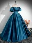 Vintage / Retro Ocean Blue Prom Dresses 2025 Ball Gown Off-The-Shoulder Puffy Short Sleeve Backless Floor-Length / Long Formal Dresses
