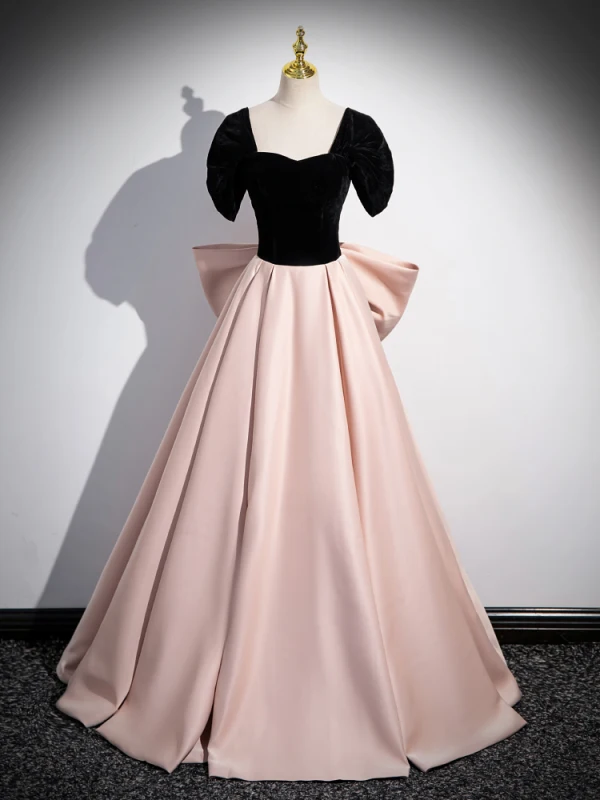 Chic / Beautiful Blushing Pink Satin Prom Dresses 2024 Ball Gown Off-The-Shoulder Short Sleeve Backless Bow Floor-Length / Long Prom Formal Dresses