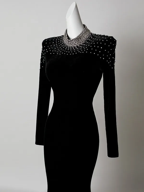 Sexy Noire Faux Diamant Velours Robe De Soirée 2026 Trompette / Sirène Col Haut Manches Longues Train De Balayage Robe De Ceremonie
