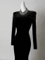 Sexy Noire Faux Diamant Velours Robe De Soirée 2026 Trompette / Sirène Col Haut Manches Longues Train De Balayage Robe De Ceremonie