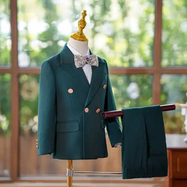 Dark Green Fall Winter Long Sleeve 5-piece Boys Wedding Suits 2024 Coat Pants Shirt Tie Vest