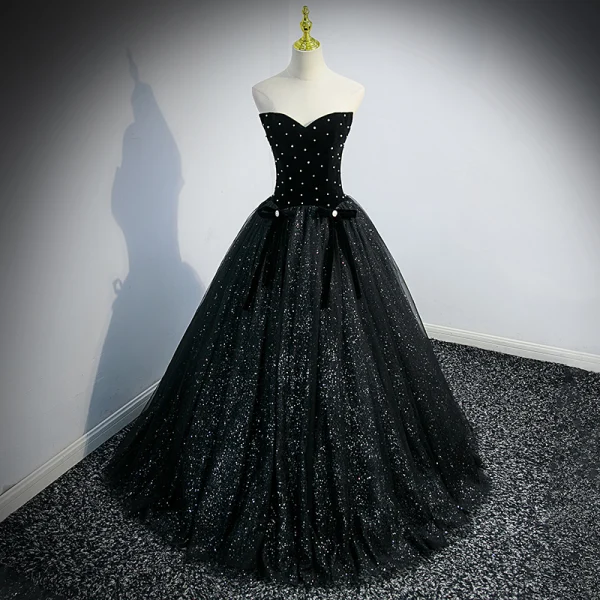 Bling Bling Noire Paillettes Robe De Bal 2022 Robe Boule Encolure Carrée Perle Manches Courtes Dos Nu Noeud Longue Robe De Ceremonie