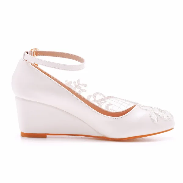 Élégant Blanche Mariage En Dentelle Fleur Chaussure De Mariée 2023 Bride Cheville 5 cm Compensées À Bout Rond Chaussure De Mariée
