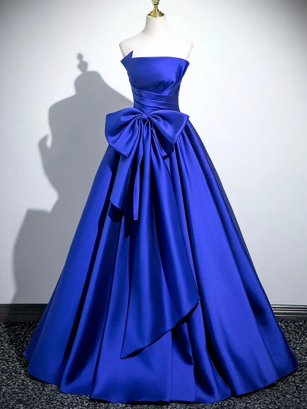 Elegant Royal Blue Satin Bow Prom Dresses 2025 Ball Gown Strapless Sleeveless Backless Floor-Length / Long Prom Formal Dresses