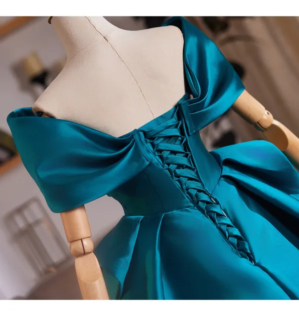 Vintage / Retro Ink Blue Satin Prom Dresses 2025 Ball Gown Off-The-Shoulder Short Sleeve Backless Sweep Train Formal Dresses