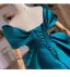 Vintage / Retro Ink Blue Satin Prom Dresses 2025 Ball Gown Off-The-Shoulder Short Sleeve Backless Sweep Train Formal Dresses