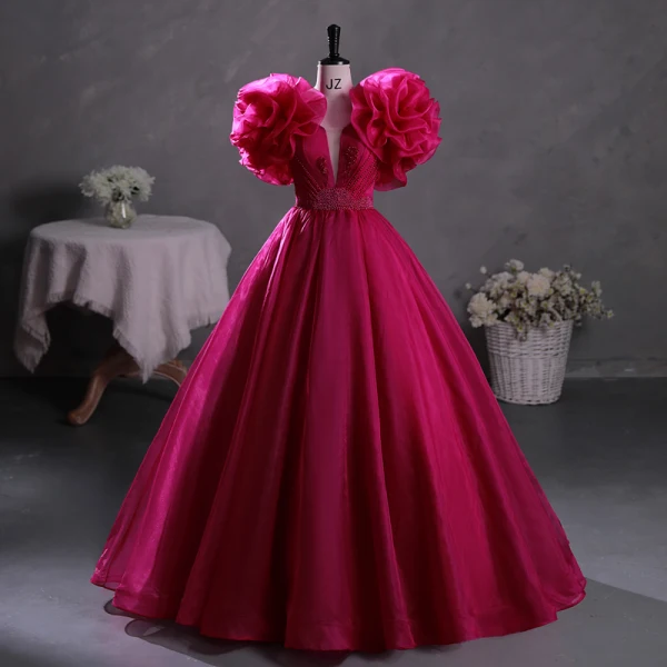 Vintage / Retro Ethnic Fuchsia Beading Prom Dresses 2023 Ball Gown Scoop Neck Ruffle Short Sleeve Backless Floor-Length / Long Prom Formal Dresses