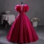 Vintage / Retro Ethnic Fuchsia Beading Prom Dresses 2023 Ball Gown Scoop Neck Ruffle Short Sleeve Backless Floor-Length / Long Prom Formal Dresses