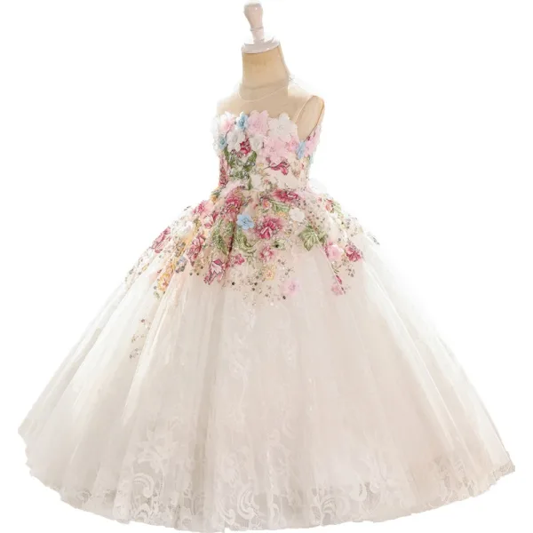 Chic / Beautiful White Beading Pearl Sequins Appliques Birthday Flower Girl Dresses 2025 Ball Gown Scoop Neck Sleeveless Backless Floor-Length / Long