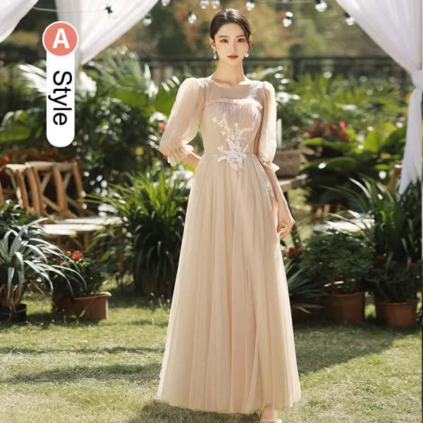 Modest / Simple Champagne Lace Flower Bridesmaid Dresses 2023 A-Line / Princess Scoop Neck Short Sleeve Backless Floor-Length / Long Bridesmaid Dresses