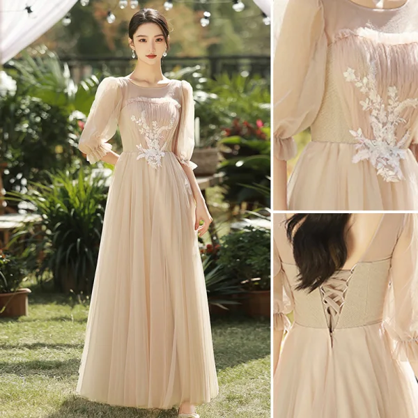 Modest / Simple Champagne Lace Flower Bridesmaid Dresses 2023 A-Line / Princess Scoop Neck Short Sleeve Backless Floor-Length / Long Bridesmaid Dresses