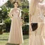 Modest / Simple Champagne Lace Flower Bridesmaid Dresses 2023 A-Line / Princess Scoop Neck Short Sleeve Backless Floor-Length / Long Bridesmaid Dresses