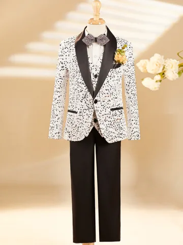 White Fall Winter Sequins 6 Piece Boys Wedding Suits 2025 Long Sleeve Body Jewellery Coat Pants Shirt Tie Vest