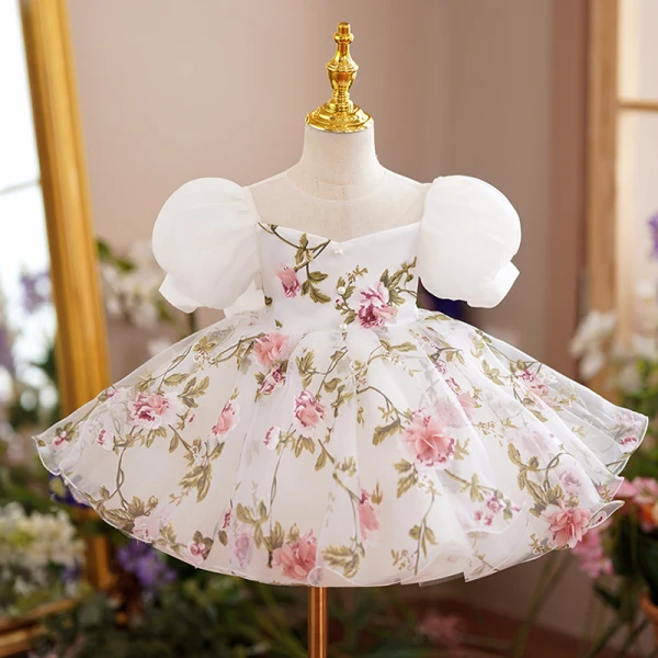 Chic / Belle Blanche Impression Anniversaire Courte Robe Ceremonie Fille 2022 Robe Boule Encolure Carrée Gonflée Manches Courtes Dos Nu Noeud Robe Ceremonie Fille