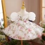 Chic / Belle Blanche Impression Anniversaire Courte Robe Ceremonie Fille 2022 Robe Boule Encolure Carrée Gonflée Manches Courtes Dos Nu Noeud Robe Ceremonie Fille