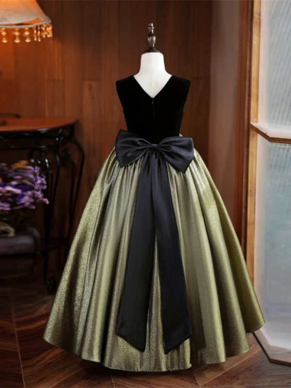 Chic / Beautiful Black Gold Birthday Flower Girl Dresses 2024 Ball Gown Scoop Neck Sleeveless Bow Floor-Length / Long