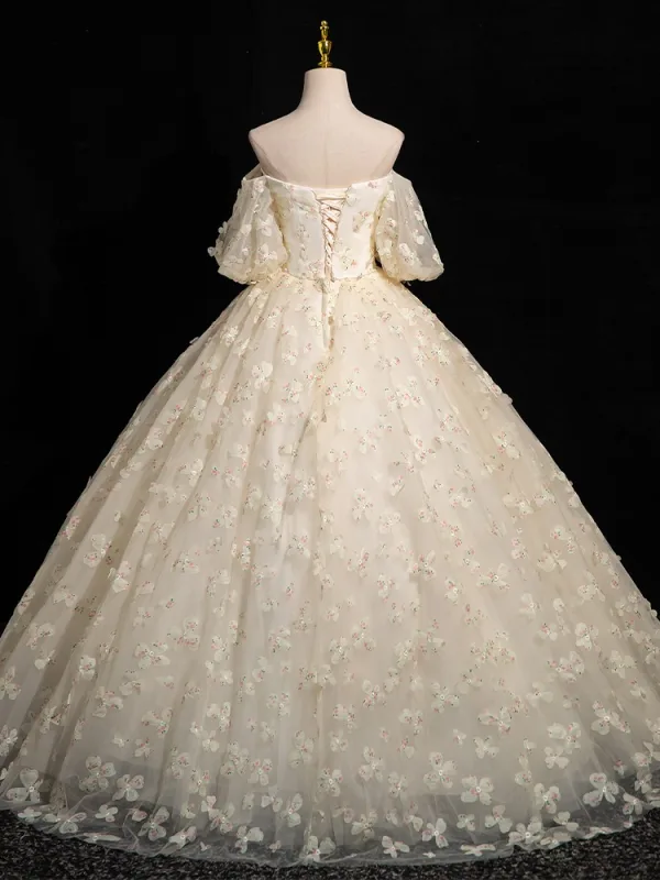 Chic / Belle Champagne Perle Appliques Robe De Bal 2024 Robe Boule De l'épaule Manches Courtes Dos Nu Longue Promo Robe De Ceremonie
