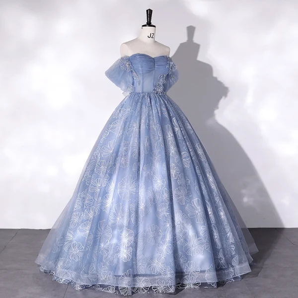 Fashion Sky Blue Flower Sequins Prom Dresses 2022 Ball Gown Off-The-Shoulder Short Sleeve Backless Floor-Length / Long Prom Formal Dresses