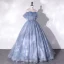 Fashion Sky Blue Flower Sequins Prom Dresses 2022 Ball Gown Off-The-Shoulder Short Sleeve Backless Floor-Length / Long Prom Formal Dresses