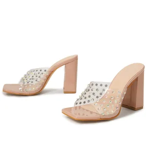 Transparent Beige Plage Vêtement De Rue Faux Diamant Sandales Femme 2022 10 Cm Talons Épais Peep Toes Bout Ouvert Sandales Talons Hauts
