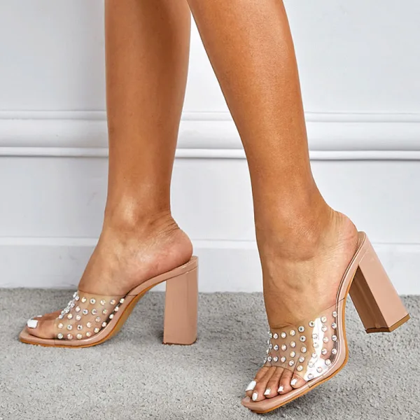 Transparent Sexy Rhinestone Blushing Pink Street Wear Womens Sandals 2022 10 cm Thick Heels Open / Peep Toe Sandals High Heels